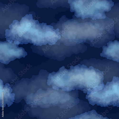 Seamless dark blue night sky pattern with watercolor clouds