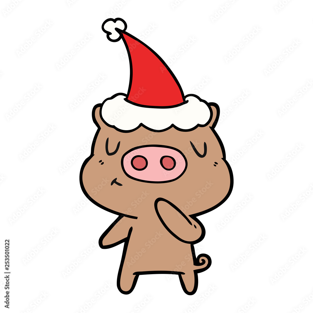 line drawing of a content pig wearing santa hat line drawing of a content pig wearing santa hat