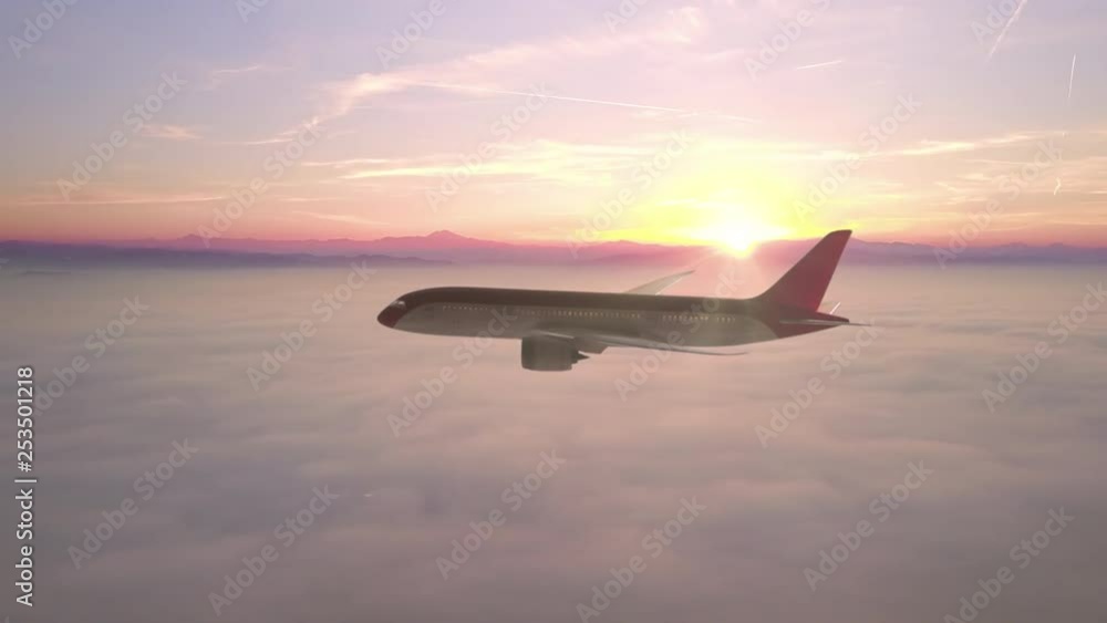 commercial plane in flight over clouds at sunset,following passenger jet flying at high altitude commercial plane in flight over clouds at sunset,following passenger jet flying at high altitude