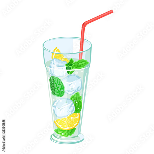 Mojito cocktail vector illustration in flat style isolated on wight background. Concept for menu, bar, restaurant or cafe. Summer drink with ice, mint and lemon or lime.