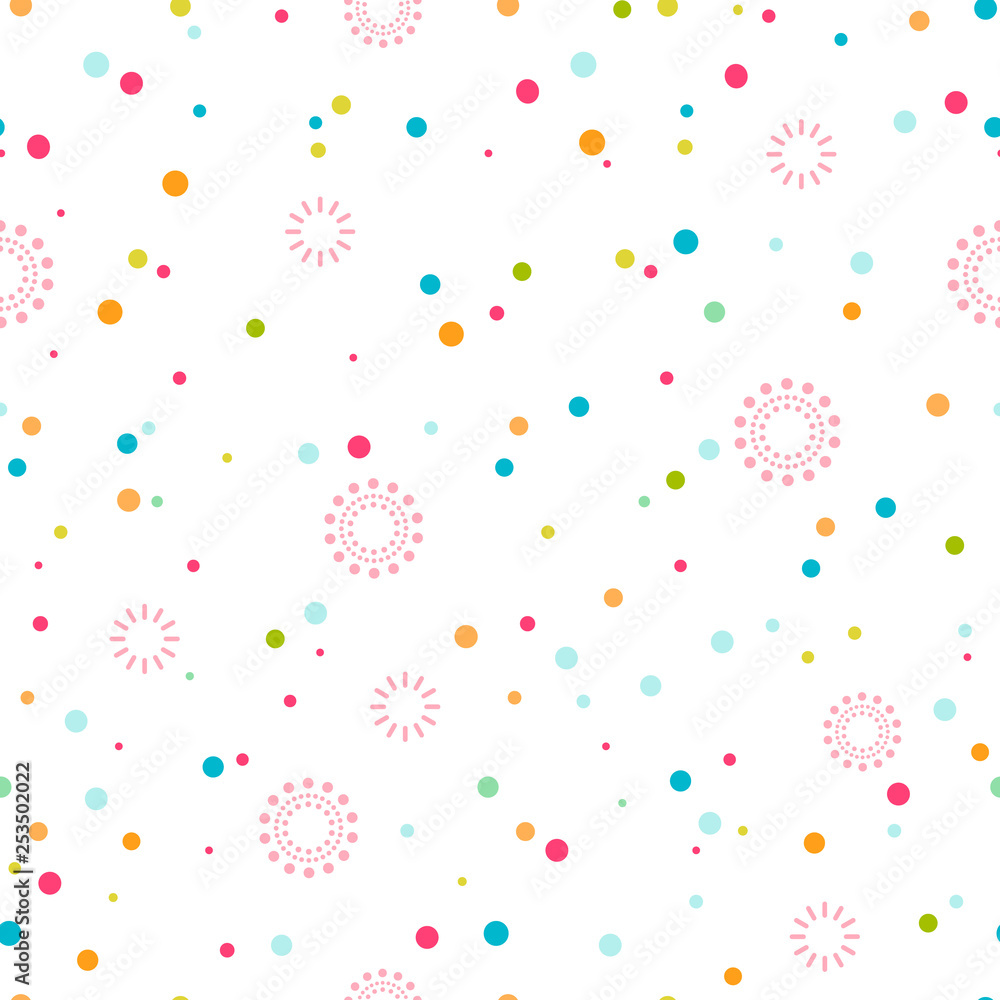 Festive seamless pattern of confetti and fireworks. Vector