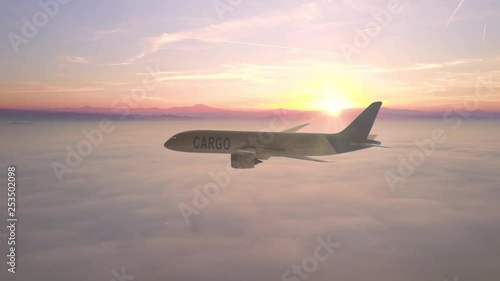 cargo plane in flight over clouds at sunset,flying with aircraft tracking