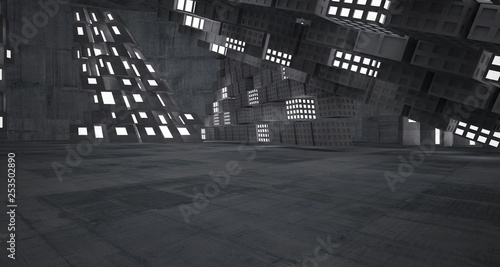 Abstract concrete parametric interior with neon lighting. 3D illustration and rendering.