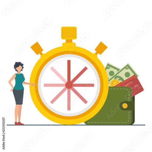The concept of managing your time and money. Time is money or time to pay. Financial planning, deadline and time management, payment day. Vector illustration.