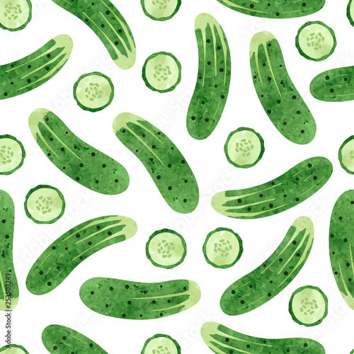 Seamless vector watercolor cucumber pattern. Vegetable background