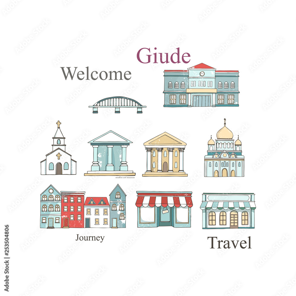 City places set with buildings in flat design. Cafe restaurant, music theater, house, Cathedral, barn, museum, mill, station, chaurch. Urban collection. Hand drawn illustration. Grunge style clip art