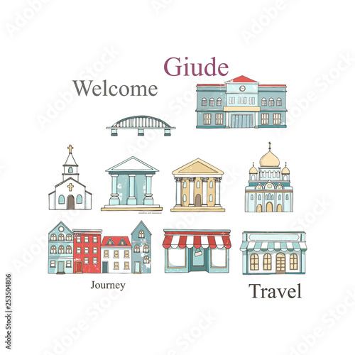City places set with buildings in flat design. Cafe restaurant, music theater, house, Cathedral, barn, museum, mill, station, chaurch. Urban collection. Hand drawn illustration. Grunge style clip art
