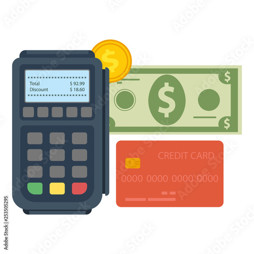 Credit card and payment terminal. Card, Money, Coins and Cheque. Payment of purchases through the terminal. Vector Illustration.