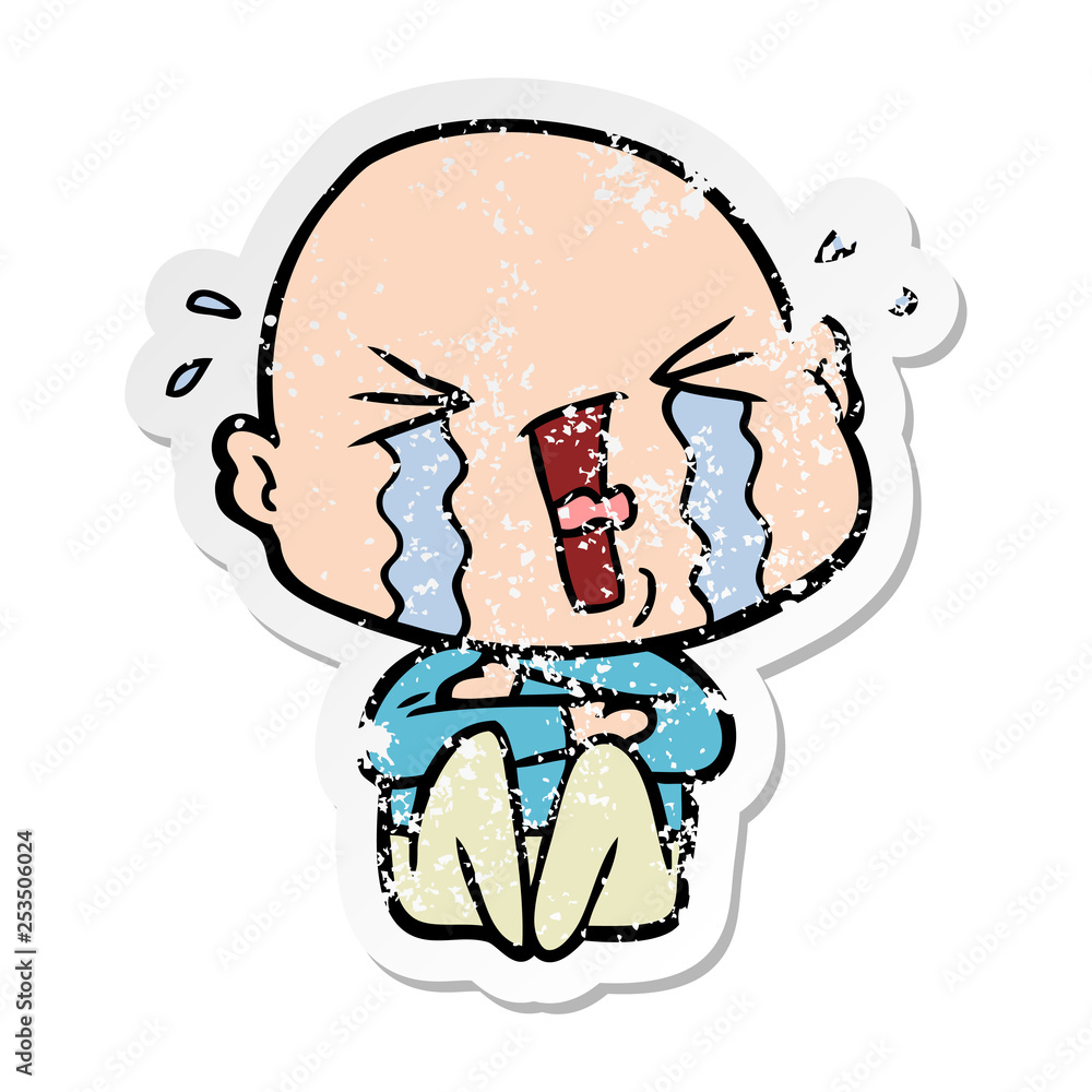 distressed sticker of a cartoon crying bald man distressed sticker of a cartoon crying bald man