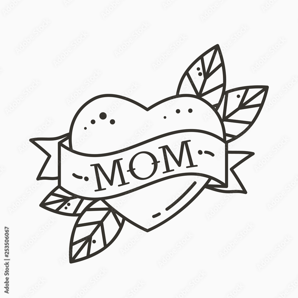 Obraz premium Heart with ribbon and inscription Mom. Greeting retro greeting card element for Mother's Day. vintage tattoo. flat vector illustration isolated