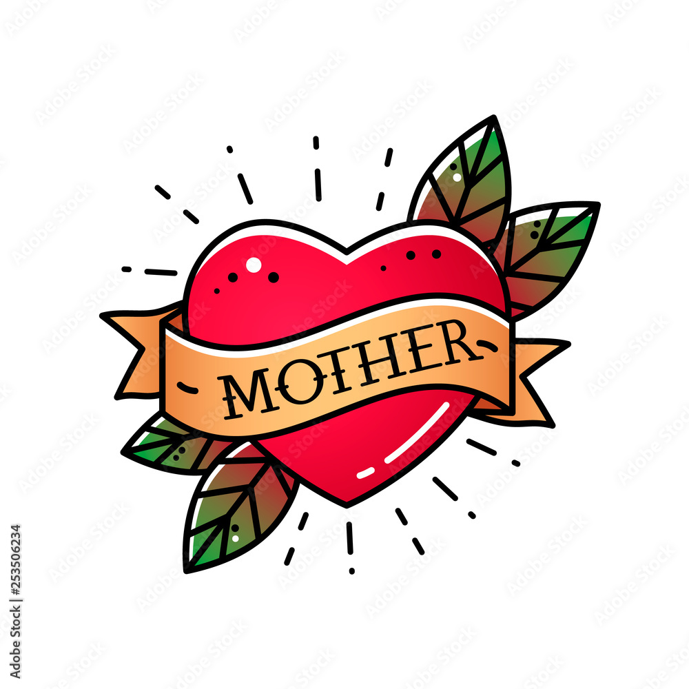 Heart with ribbon and inscription Mom. Greeting retro greeting card element for Mother's Day. vintage tattoo. flat vector illustration isolated Heart with ribbon and inscription Mom. Greeting retro greeting card element for Mother's Day. vintage tattoo. flat vector illustration isolated