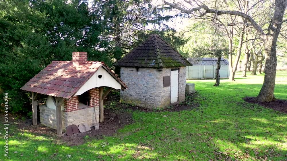 Aerial pan of outbuilding including a brick baking over on the property of Herr House Lancaster County PA. Concept: National Park Service, Historic Places, Mennonite, colonial America, Amish, landmark Aerial pan of outbuilding including a brick baking over on the property of Herr House Lancaster County PA. Concept: National Park Service, Historic Places, Mennonite, colonial America, Amish, landmark