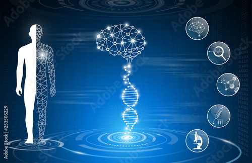 abstract background technology concept in blue light,brain and human body heal ,technology modern medical science in future and global international medical with tests analysis clone DNA human