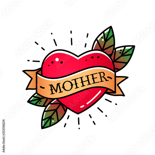 Heart with ribbon and inscription Mom. Greeting retro greeting card element for Mother's Day. vintage tattoo. flat vector illustration isolated