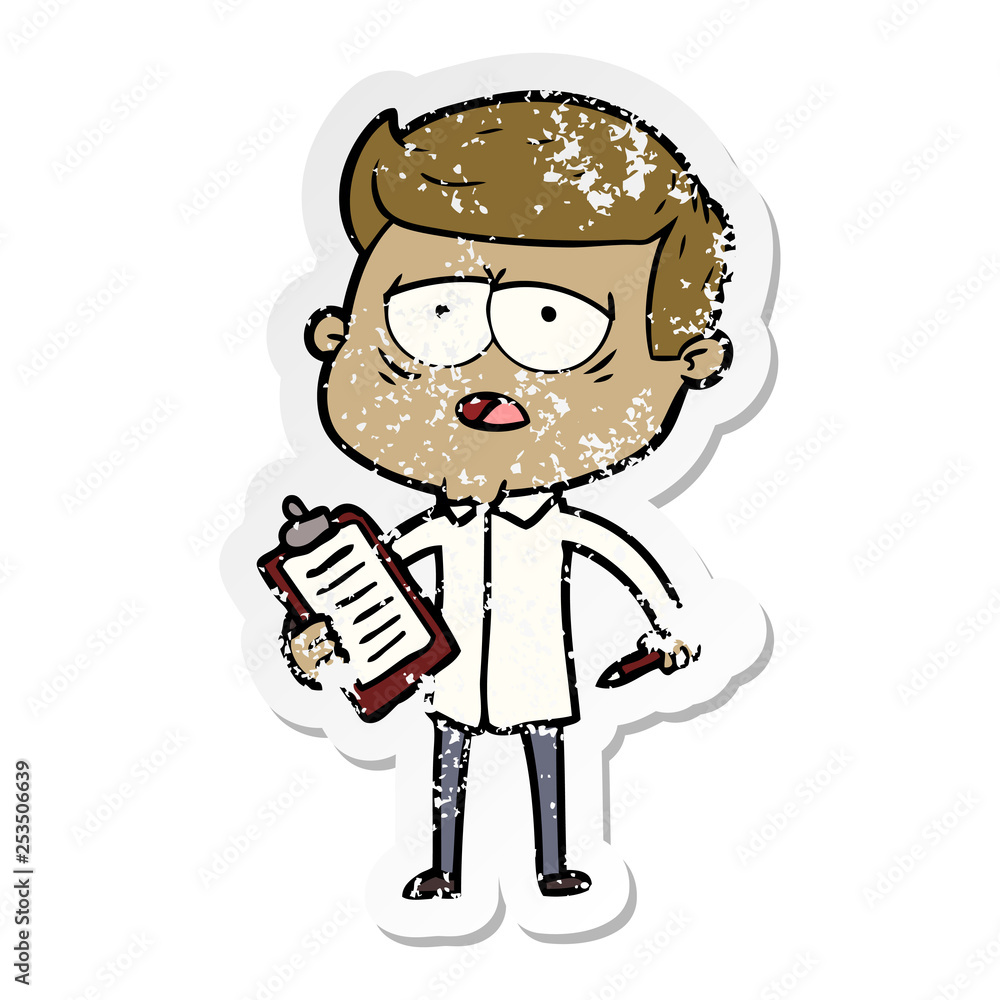 distressed sticker of a cartoon tired man distressed sticker of a cartoon tired man