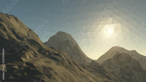Mountains background with sun in glacier. vector illustration of many triangles