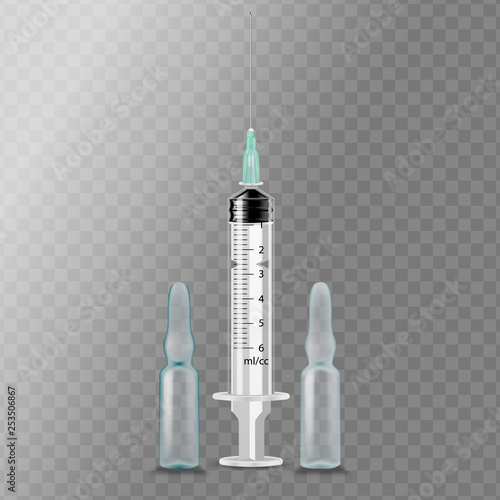 Syringe Ampoule Vector. Medicament Therapy. Injection Needle. Isolated Realistic Illustration