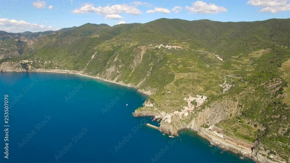 High altitude aerial panorama of the beautiful blue Italian coast PAN LEFT High altitude aerial panorama of the beautiful blue Italian coast PAN LEFT