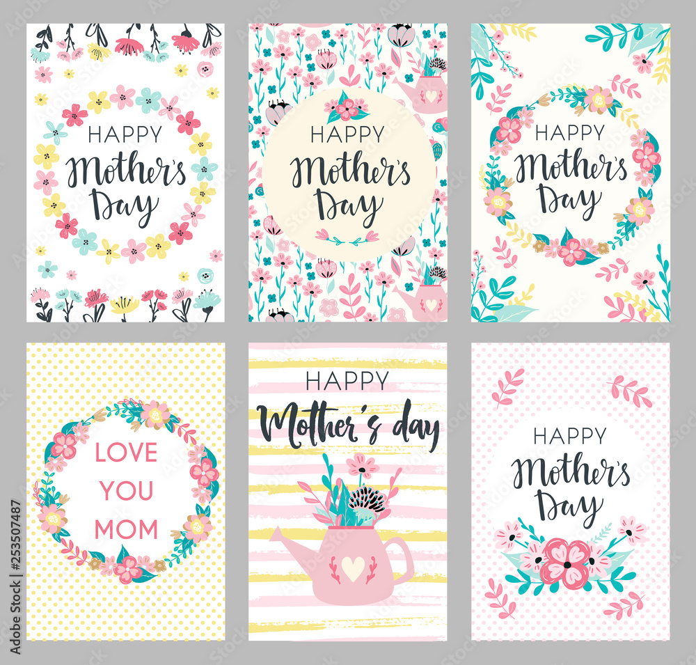 Set of Mothers day greeting cards. Collection of textured delicate Happy Mother's day greeting cards with flowers and wreaths Set of Mothers day greeting cards. Collection of textured delicate Happy Mother's day greeting cards with flowers and wreaths