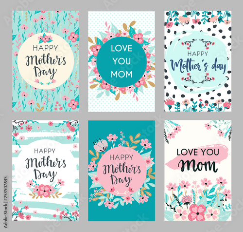 Set of Mothers day greeting cards. Collection of textured delicate Happy Mother's day greeting cards with flowers and wreaths