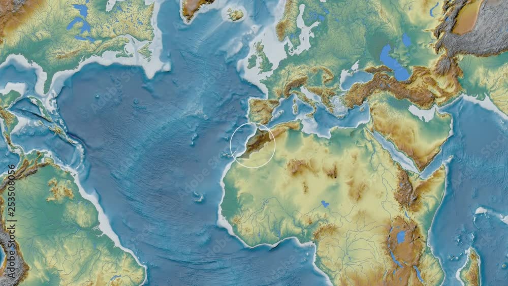 Morocco area presented against the global relief map in the Fahey projection with animated oblique transformation Morocco area presented against the global relief map in the Fahey projection with animated oblique transformation