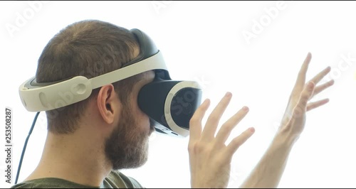 Man using virtual reality headset indoors 4k, close-up