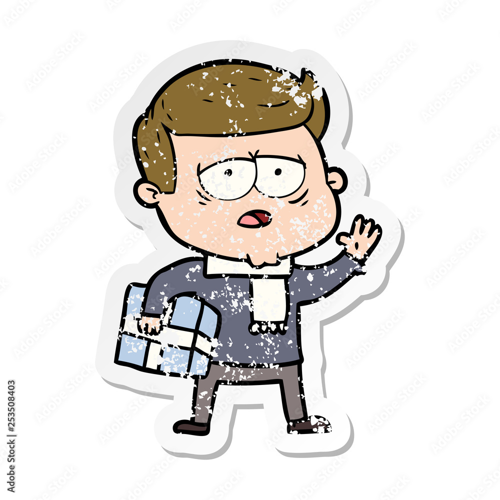 distressed sticker of a cartoon tired man distressed sticker of a cartoon tired man