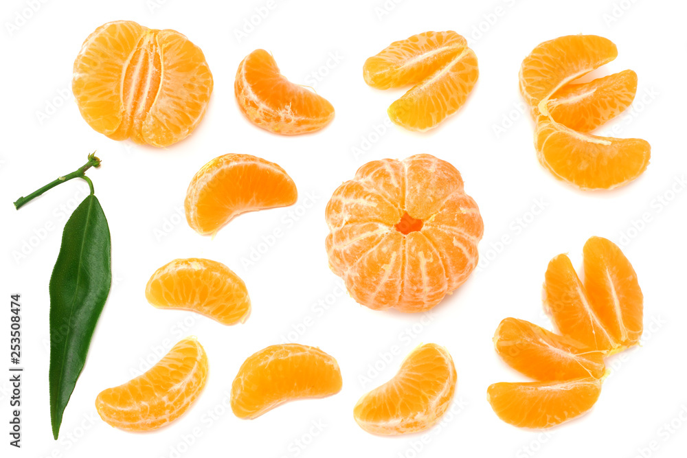 mandarin with slices and green leaf isolated on white background top view mandarin with slices and green leaf isolated on white background top view