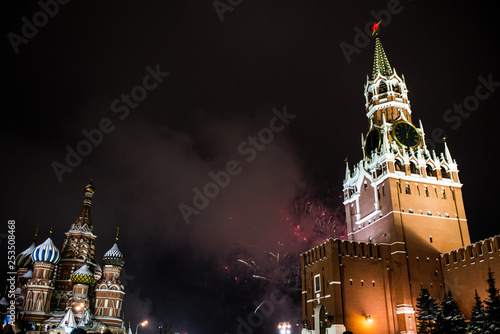 salute in honor of the new year 2019 on red square against the Kremlin, Spasskaya tower and St. Basil's Cathedral