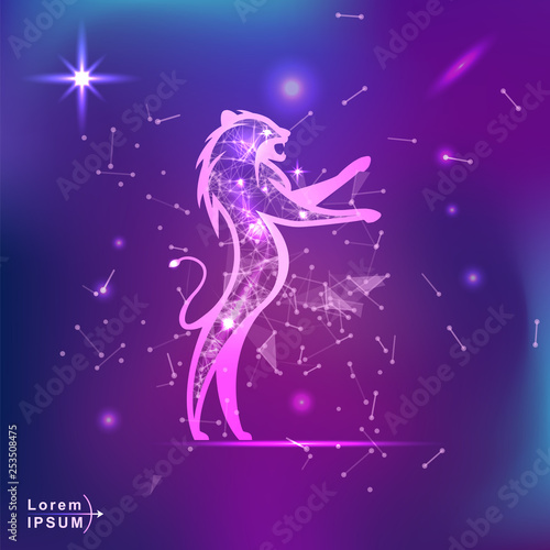 lion. Polygonal wireframe lion silhouette on gradient background. Space, futuristic, zodiac concept. Shine neon style vector illustration