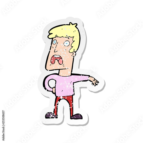 retro distressed sticker of a cartoon complaining man