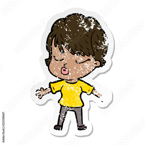 distressed sticker of a cartoon woman with eyes shut