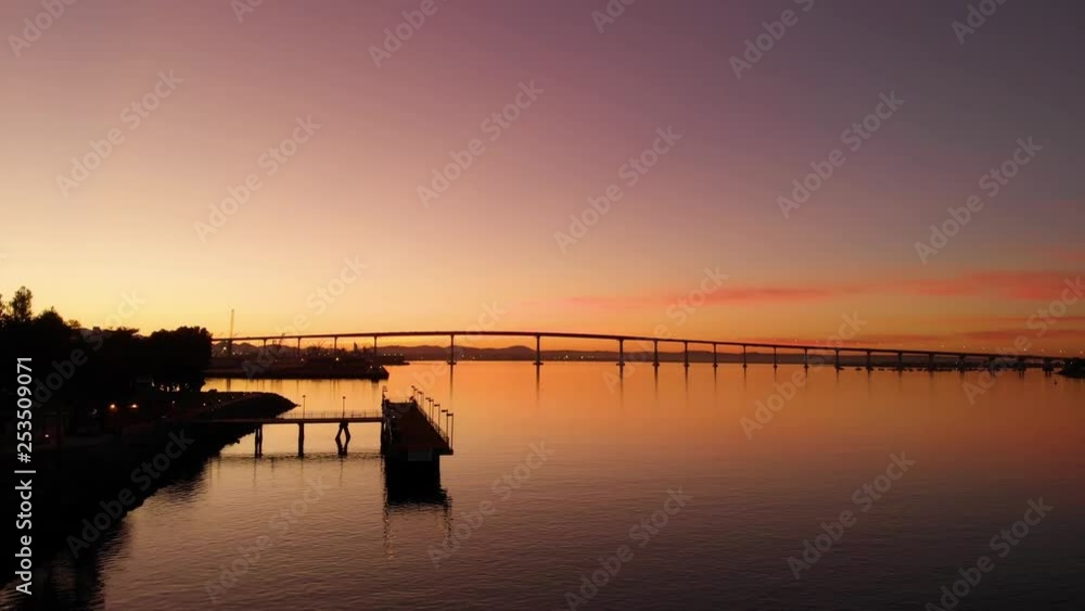 San Diego Coronado Bridge Skyline Overlook from Pier at Sunrise Aerial Drone San Diego Coronado Bridge Skyline Overlook from Pier at Sunrise Aerial Drone