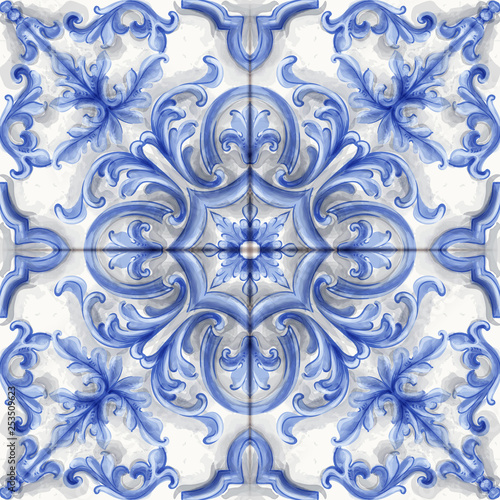 Tile or mosaic ornament Vector watercolor. Medalion rosette style decor templates