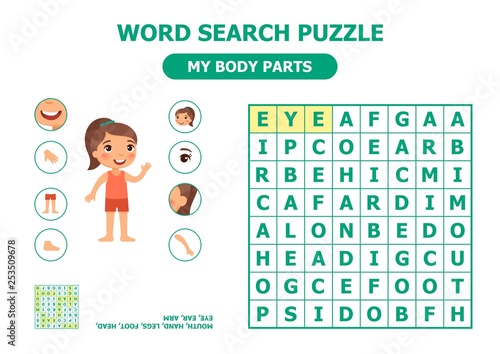 Word search puzzle. My body parts - anatomy for children. Cartoon vector illustration. Card for the teaching aid. For use in animation, applications, printing.