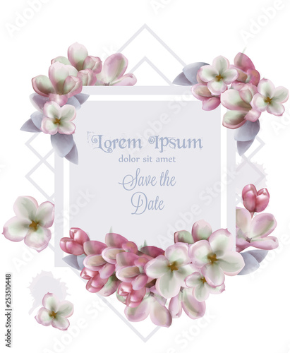 Lilac flowers card invitation Vector watercolor. Romantic floral wedding or g...