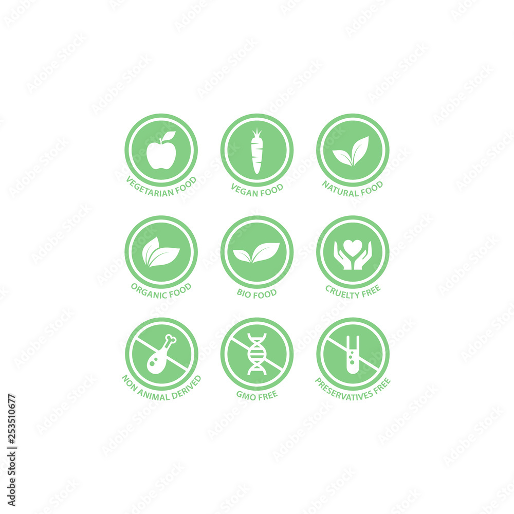 Bio, vegan, organic food vector label set. Gmo free, vegetarian and preservatives free food circle badge stickers. Bio, vegan, organic food vector label set. Gmo free, vegetarian and preservatives free food circle badge stickers.