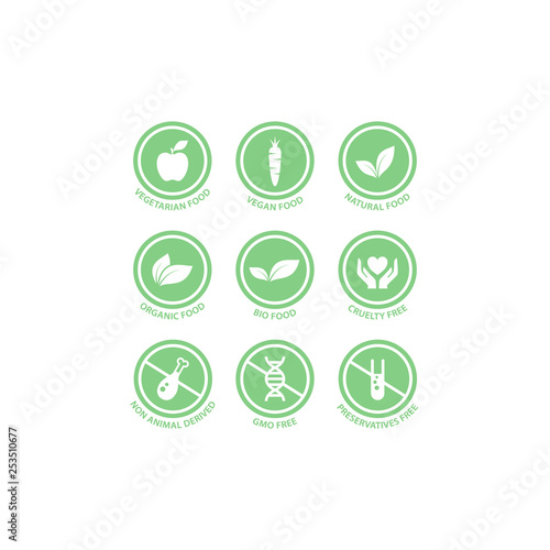 Bio, vegan, organic food vector label set. Gmo free, vegetarian and preservatives free food circle badge stickers.