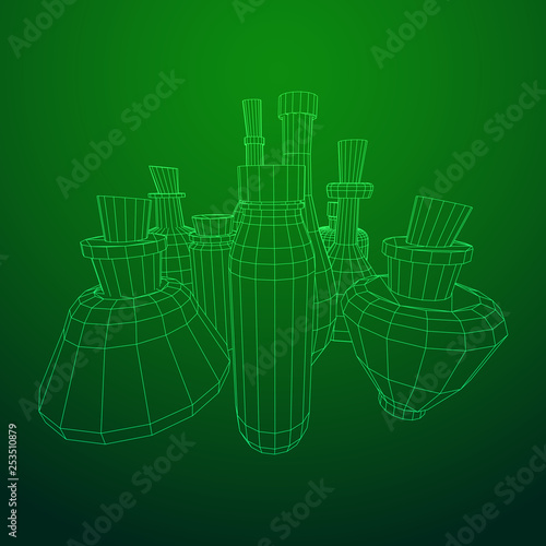Different wine bottles. Model wireframe low poly mesh vector illustration