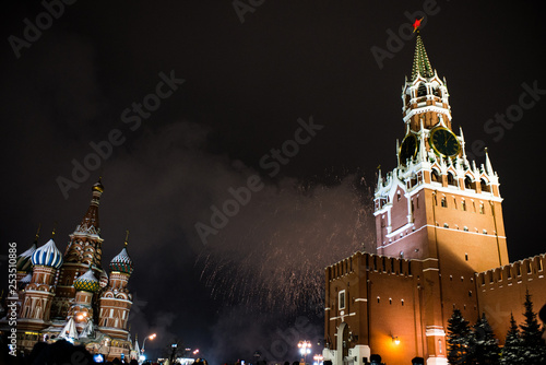 salute in honor of the new year 2019 on red square against the Kremlin, Spasskaya tower and St. Basil's Cathedral