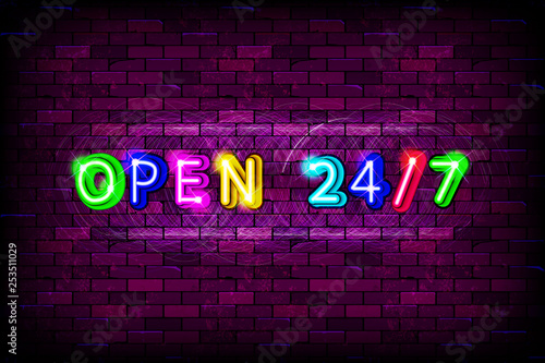 Open 24 7 hours sign on brick wall background