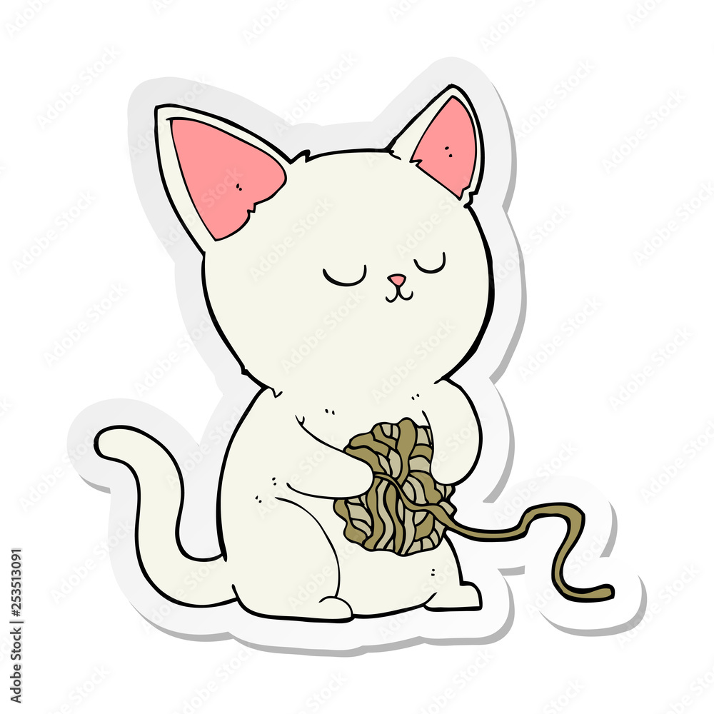 sticker of a cartoon cat playing with ball of yarn sticker of a cartoon cat playing with ball of yarn