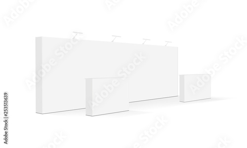 Blank trade show booth or event display stand with tables isolated on white background. Vector illustration