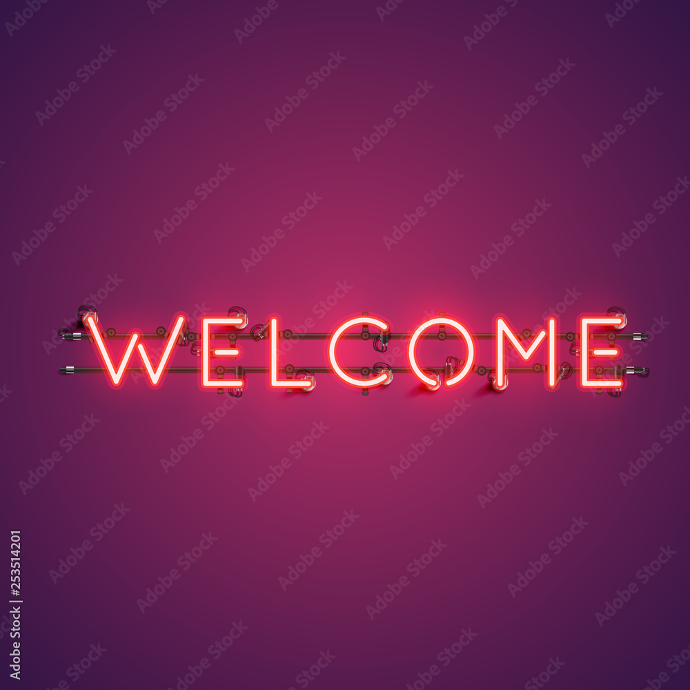 Neon realistic word 'WELCOME' for advertising, vector illustration