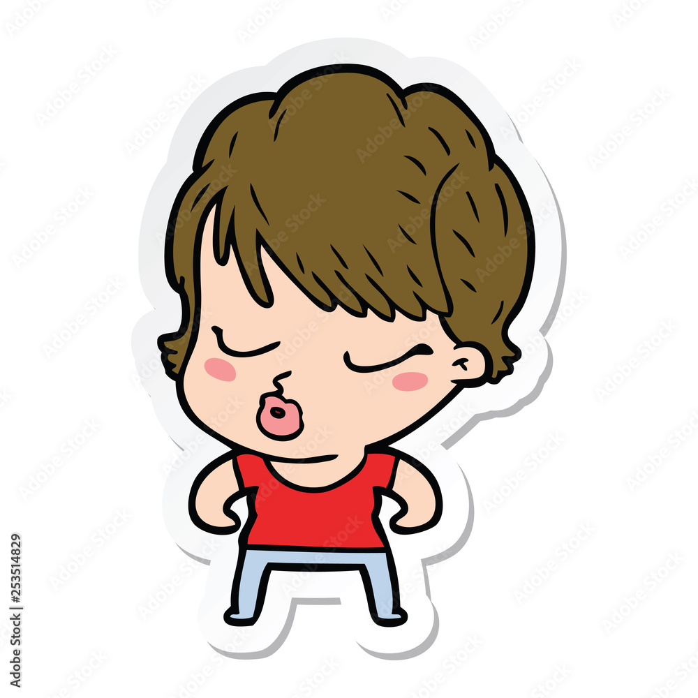 sticker of a cartoon woman with eyes shut