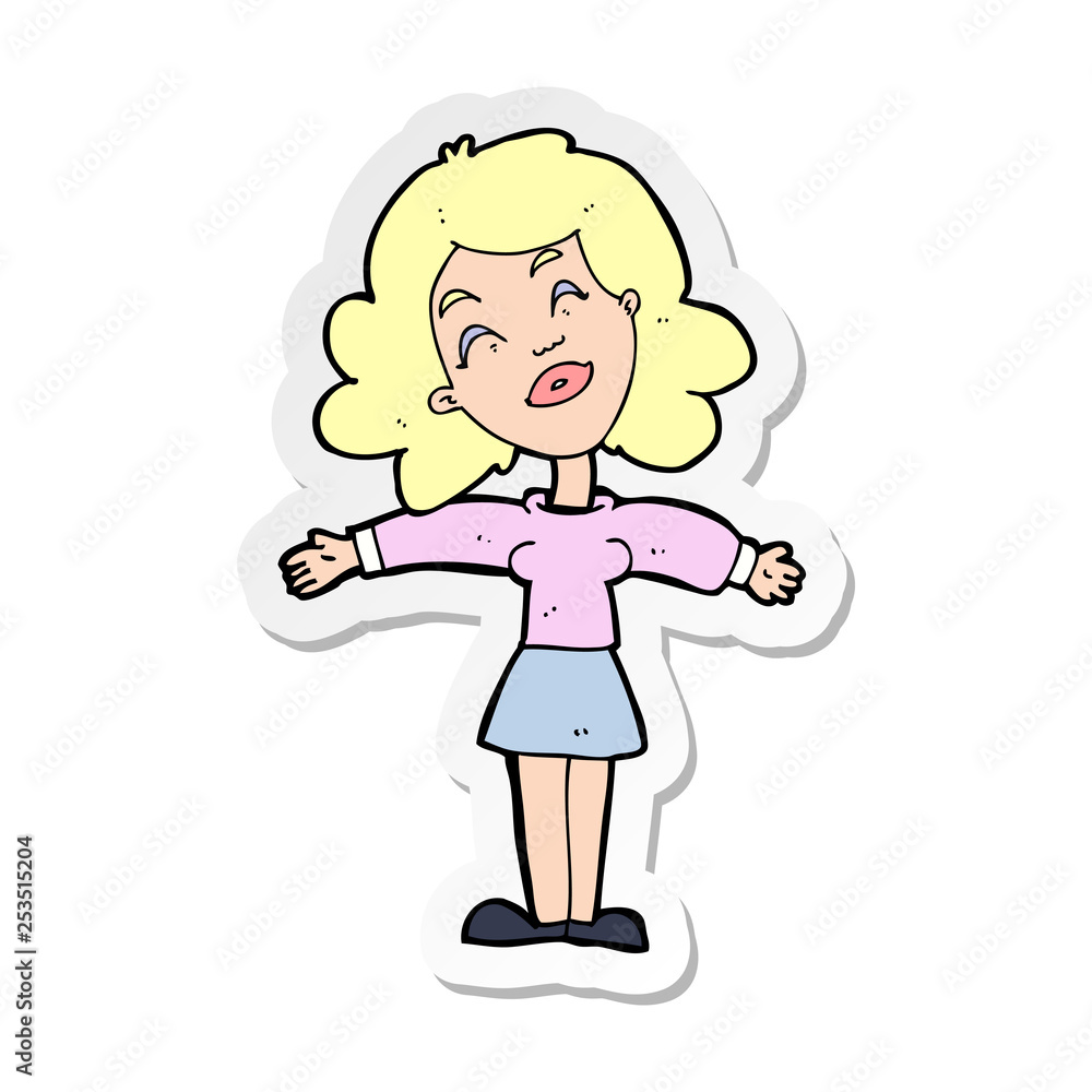 sticker of a cartoon woman with open arms sticker of a cartoon woman with open arms