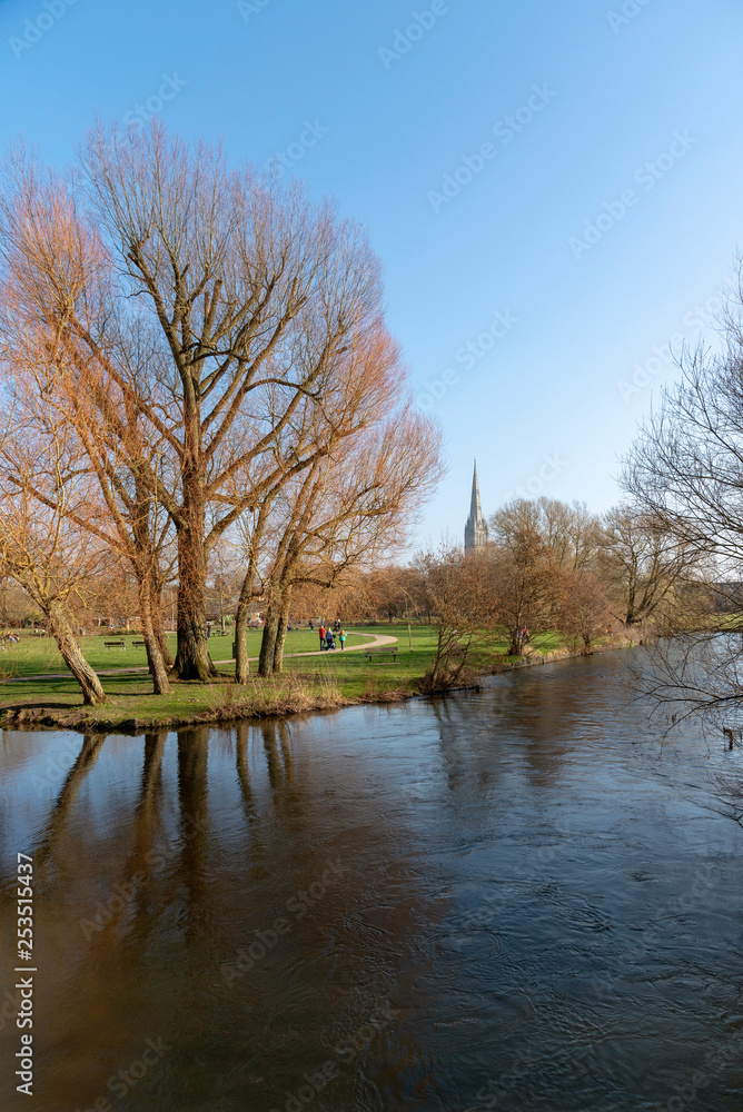 Salisbury, Wiltshire, England, UK, February 2019. The Bishops Grounds and River Avon overlooked by Salisbury Cathedral during winter.