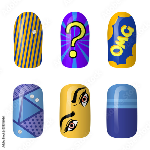 set of colored painted pop art nail stickers. Neon manicure art. nail polish. isolated on a dark background