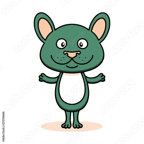 Cute mouse, cartoon linear art, animal sketch. Vector illustration of little smile happy mouse, flat outline style, isolated on white background