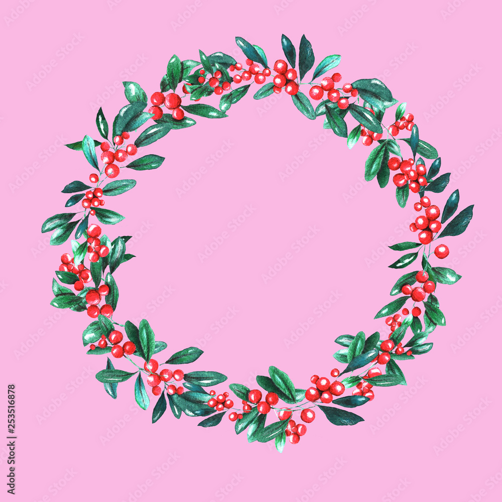berries wreath on the pink